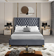 Modern gold legs / nailheads gray king velvet bed main photo