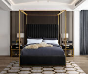 Jones (Black) Black channel tufted brushed brass canopy king bed