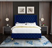 Savan (Navy) Navy blue velvet deep button tufted velvet fabric king bed