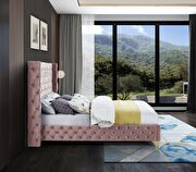 Savan (Pink) Pink velvet deep button tufted velvet fabric full bed