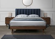 Mid-century design walnut / navy fabric king bed main photo