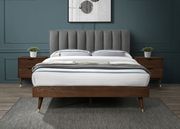 Mid-century design walnut / gray fabric king bed main photo