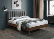 Mid-century design walnut / gray fabric queen bed main photo