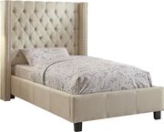 Ashton (Beige) Linen beige fabric tufted headboard twin bed