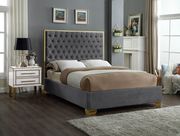Modern gold legs/trim tufted bed in gray velvet main photo