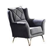 Tufted low-profile gray fabric chair w/ gold accents