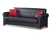 Black sofa bed with storage and red pillows