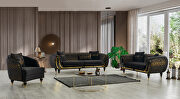 Lima (Black) Black velvet fabric sofa w/ gold trim
