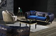 Blue velvet fabric sofa w/ gold trim main photo