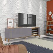 79.92 modern TV stand with media shelves and solid wood legs in gray main photo