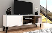 Mid-century- modern 63 TV stand with 4 shelves in white and oak main photo