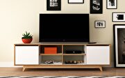 Mid-century - modern 63 TV stand in with 8 shelves white and pine wood main photo