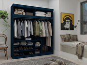 Open long hanging wardrobe closet with shoe storage in tatiana midnight blue
