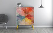 45.28 mid-century modern high double cabinet with funky colorful design and solid wood legs in white, color stamp and yellow