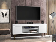 62.99 TV stand white with 2 media shelves and 2 storage shelves in white with solid wood legs main photo