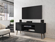 Bradley (Black) 62.99 TV stand black with 2 media shelves and 2 storage shelves in black with solid wood legs