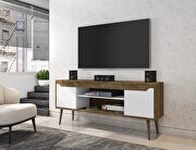 Bradley (W Brown) 62.99 TV stand rustic brown and white with 2 media shelves and 2 storage shelves in rustic brown and white with solid wood legs