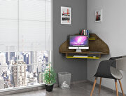 Floating corner desk with keyboard shelf in rustic brown and yellow main photo