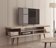 Utopia II (Off White) 70.47 TV stand with splayed wooden legs and 4 shelves in off white and maple cream