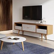 70.86 mid- century modern TV stand with solid wood legs in off white and maple cream main photo