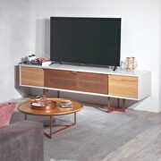 81.1 modern TV stand with grated steel flip down door and steel base in cinnamon and off white main photo
