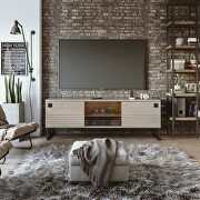 70.47 modern TV stand with media shelves and steel legs in off white and wood main photo