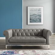 Tufted button upholstered leather chesterfield loveseat in gray main photo
