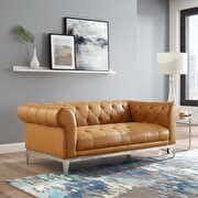 Tufted button upholstered leather chesterfield loveseat in tan