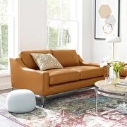 Stainless steel base leather loveseat in tan