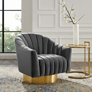 Vertical channel tufted accent lounge performance velvet swivel chair in gray