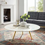 Round artificial marble coffee table with tripod base in gold white main photo