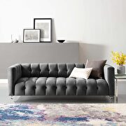 Channel tufted button performance velvet sofa in charcoal