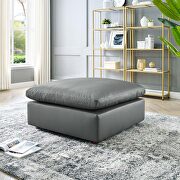 Down filled overstuffed vegan leather ottoman in gray main photo