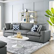 Down filled overstuffed vegan leather 3-seater sofa in gray
