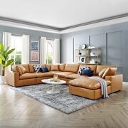 Down filled overstuffed vegan leather 7-piece sectional sofa in tan