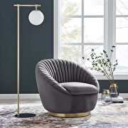 Whirr (Gray) Tufted performance velvet swivel chair in gold/ gray