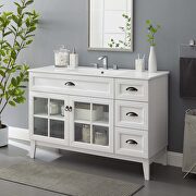 Bathroom vanity cabinet in white w/ curved ceramic sink basin main photo