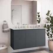 Gray finish wall-mount double sink in white bathroom vanity main photo