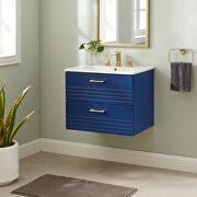 Blue finish wall-mount bathroom vanity w/ white ceramic sink basin main photo