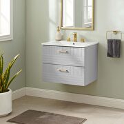 Light gray finish wall-mount bathroom vanity w/ white ceramic sink basin main photo