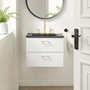 White finish wall-mount bathroom vanity w/ black ceramic sink basin main photo