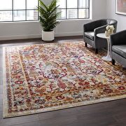 Ivory, blue, orange, yellow and red distressed vintage floral lattice area rug main photo