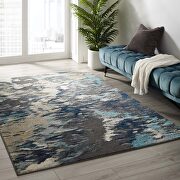 Contemporary modern abstract area rug in blue, tan and gray main photo