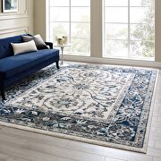 Ivory and blue distressed vintage floral persian medallion area rug main photo