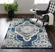 Malia 5x8 (Ivory/ Blue) Distressed vintage floral persian medallion area rug in ivory/ blue