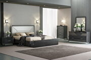 High gloss gray with taupe faux leather headboard king bed main photo