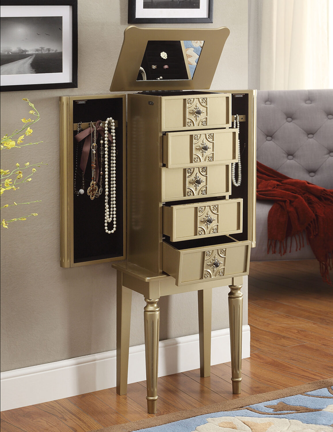 Acme Tammy Gold Jewelry Armoire 97169 Comfyco